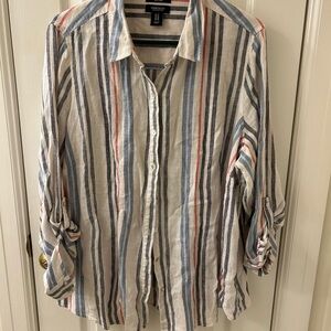 Jones New York Striped Button-Down Shirt - Blue, Red, White